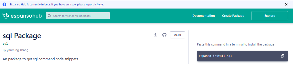 SQL package page on Espanso hub